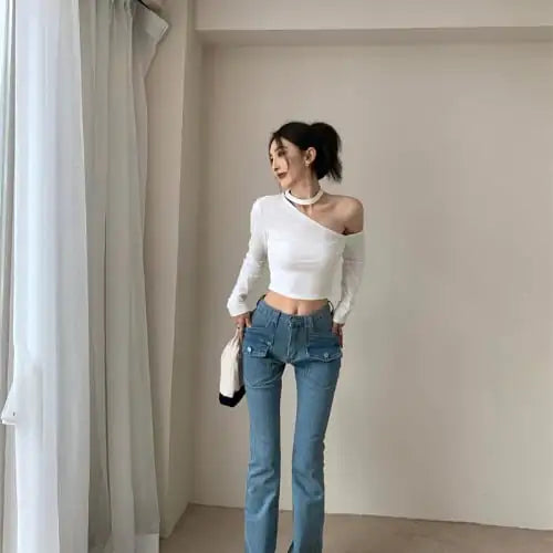 Button-Drape High-Rise Slim Straight Wide-Leg Jeans
