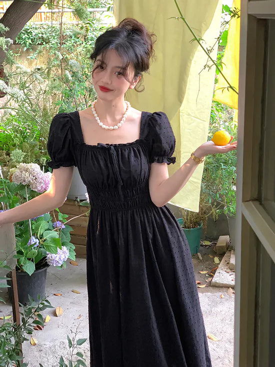 French Court Style Square Neck Bubble Sleeve Dress